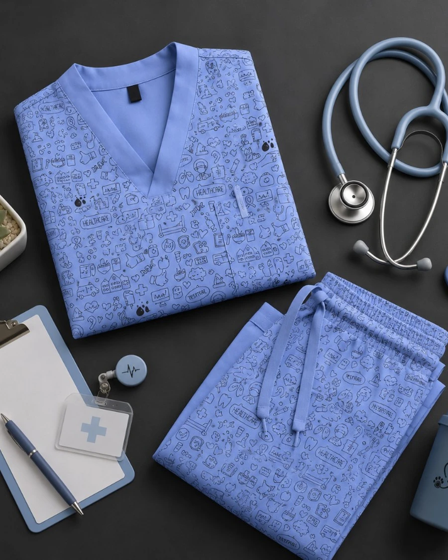 Doodle Print Scrub Set in Periwinkle