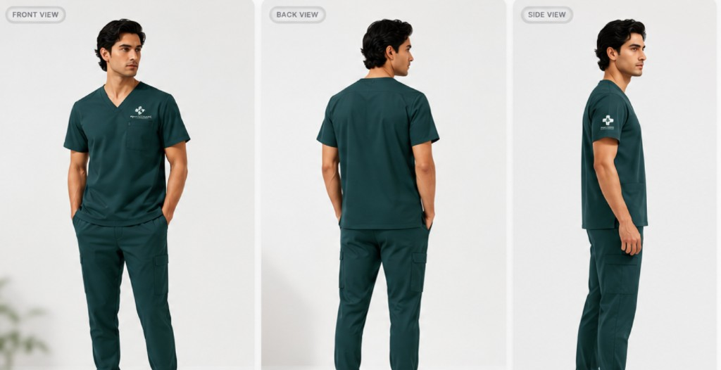 Example virtual try-on result showing front, back and side views of a scrub set