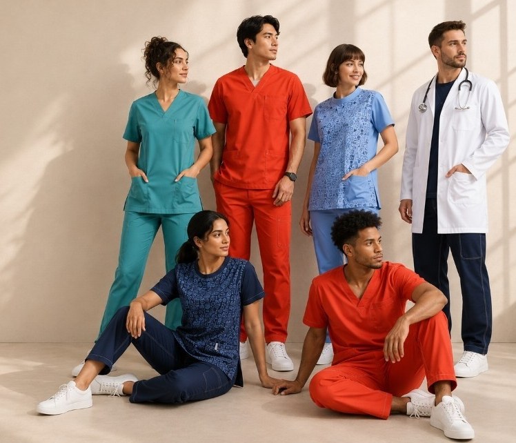 Six clinicians wearing Scrubism scrubs in teal, signature red, printed sky blue, navy and a white lab coat