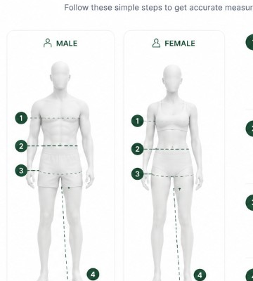Male and female body measurement guides with numbered points for chest, waist, hips, and inseam